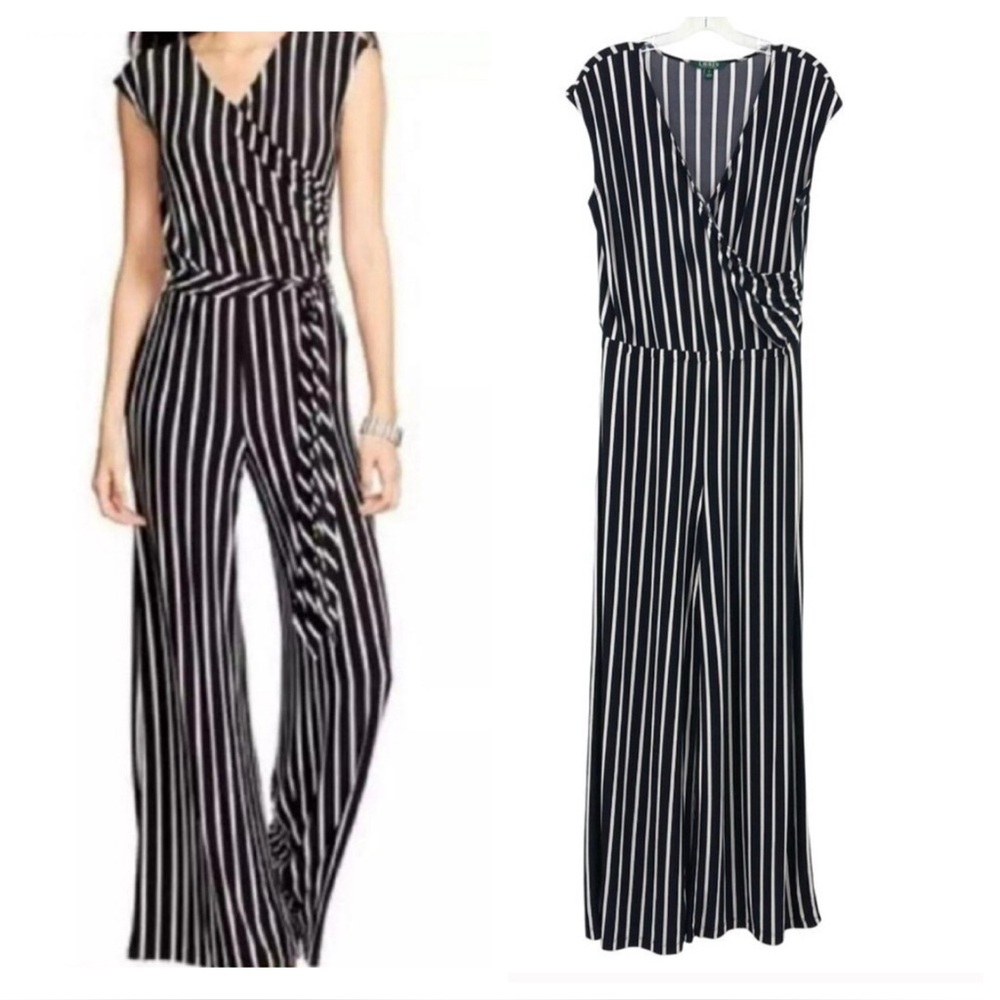 Lauren Ralph Lauren Black White Striped Wide Leg Jumpsuit XL Stretch